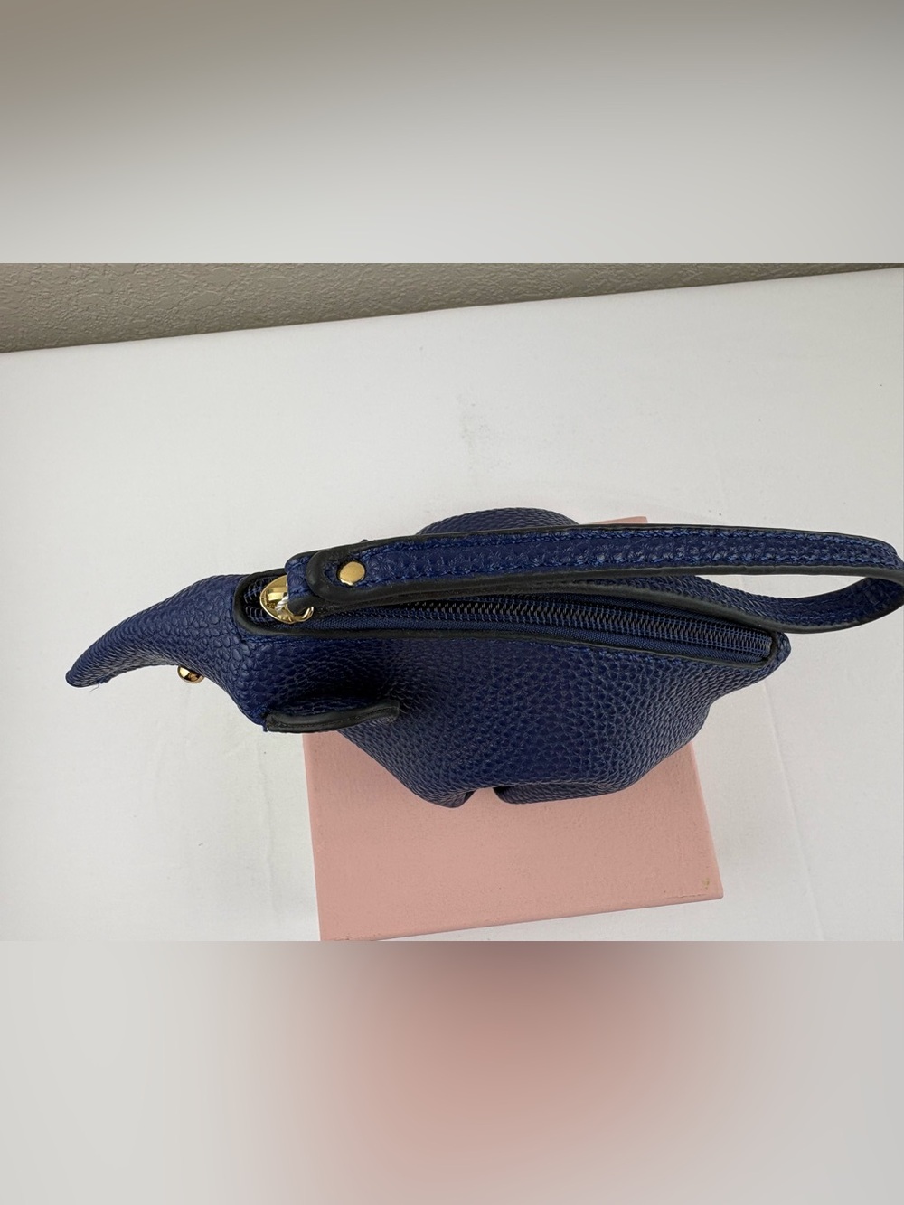 Le Miel Navy Blue Vegan Elephant Soft-Touch Faux Pebbled Leather Wristlet. - Picture 3 of 6